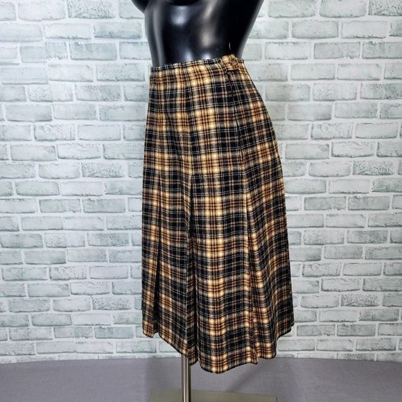 Vintage 70s Pendleton S Yellow Black Plaid Pleated Wool Aline Skirt Hi Waisted‎ - Picture 2 of 7